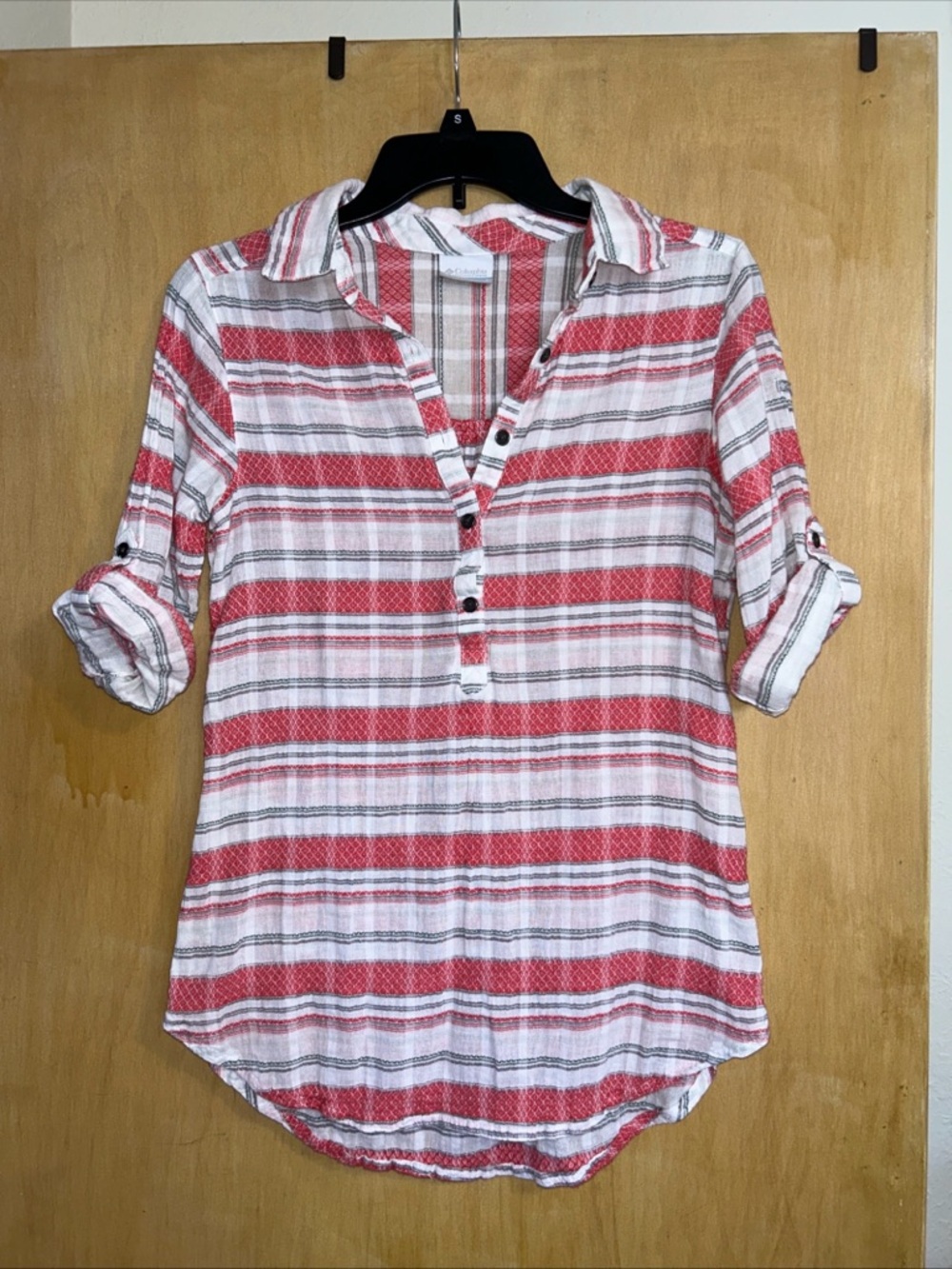 Columbia women’s Cotten linen shirt coral white 3/4 sleeves Small NWOT